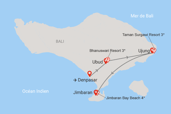 Combiné hôtels De Ubud aux plages balinaises denpasar Bali