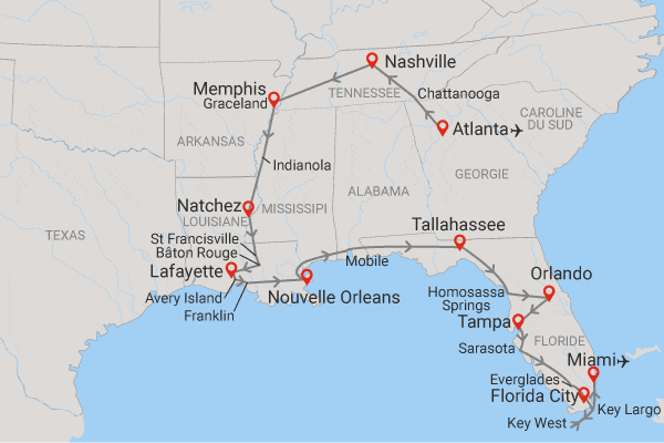 Circuit Panorama des Etats du Sud-Est Américain & extension Miami atlanta Etats-Unis