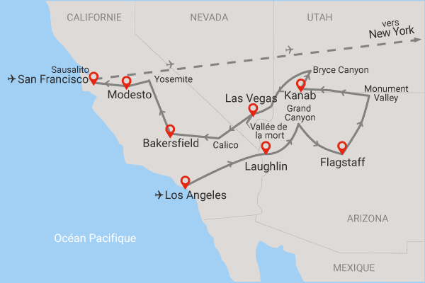 Circuit Coeur de l'Ouest américain et extension New-York los_angeles Etats-Unis