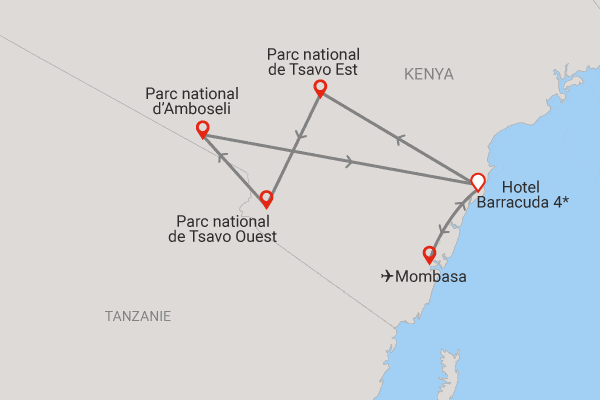 Combiné circuit et hôtel Fram Selection Barracuda 4* avec 3 nuits Tsavo Est/Ouest et Amboséli Mombasa Kenya