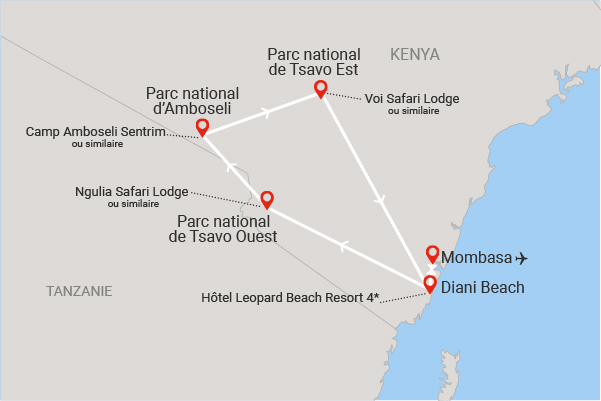 Combiné circuit et hôtel Safari Tsavo Amboseli et plage de Diani mombasa Kenya