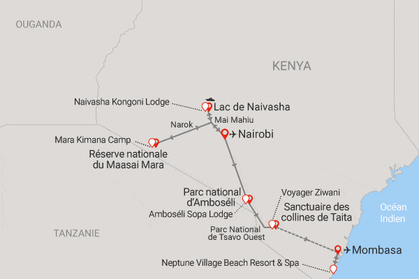 Circuit Safari au coeur des grands parcs du Kenya (circuit privatif) + extension au Neptune Village nairobi Kenya