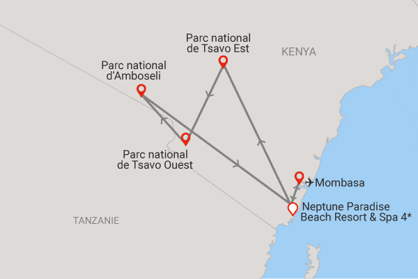 Combiné circuit et hôtel Neptune Paradise Beach Resort & Spa 4* avec 3 nuits au parc Tsavo Ouest / Amboseli / Tsavo Est ukunda Kenya