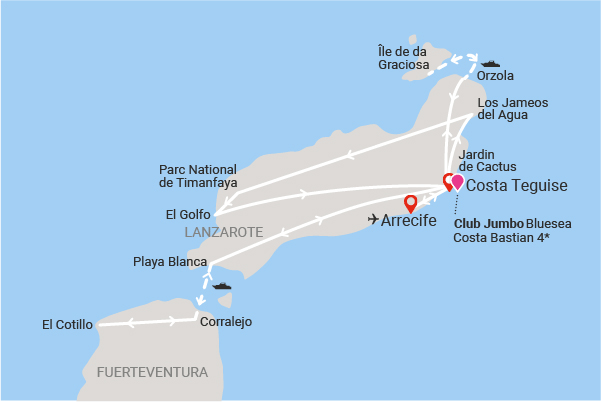 Circuit Beautés de l'île aux volcans, logement au Club Jumbo Bluesea Costa Bastian puerto_del_carmen Lanzarote