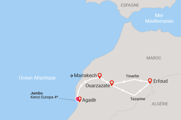Combiné circuit et hôtel Merveilles du Maroc : entre désert et kasbahs 3* + extension Club Jumbo Kenzi Europa 4* en 7 nuits marrakech Maroc