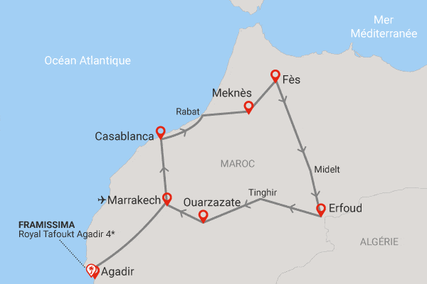 Circuit Richesses des villes impériales au grand sud marocain + extension Framissima Royal Tafoukt Agadir Resort & Spa 3 nuits marrakech Maroc