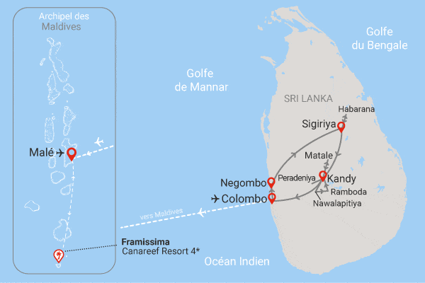 Combiné circuit et hôtel Authentique Sri Lanka 3* & extension Maldives au Framissima Evasion Canareef avec vols Qatar Airways colombo Sri Lanka