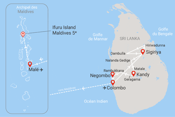 Combiné circuit et hôtel Cœur de Ceylan 3* & plage du Framissima Ifuru Island Maldives colombo Sri Lanka