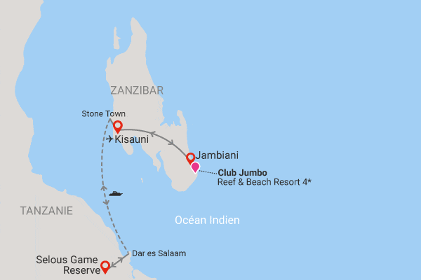 Combiné circuit et hôtel Club Jumbo Reef & Beach Resort 4* avec 2 nuits au parc de Selous jambiani Zanzibar