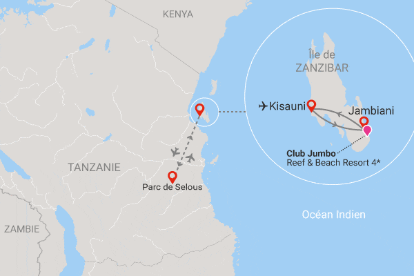 Combiné circuit et hôtel Club Jumbo Reef & Beach Resort 4* avec 2 nuits au parc de Selous jambiani Zanzibar