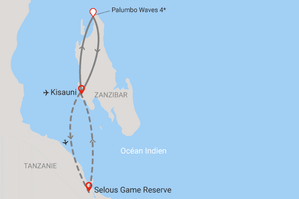 Combiné circuit et hôtel Palumbo Waves 4*sup avec 2 nuits au Parc de Selous kendwa Zanzibar