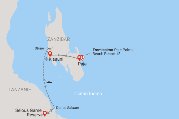 Combiné circuit et hôtel Framissima Paje Palms Beach Resort 4* avec 2 nuits au Parc de Selous paje Zanzibar